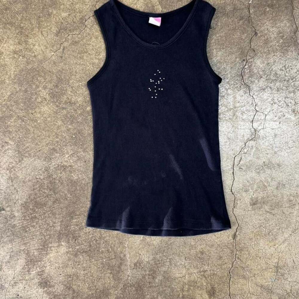 Vintage Sweet Dreemz Y2K Bedazzled Tank Top, Ribbed Black, Made in USA, Size S
